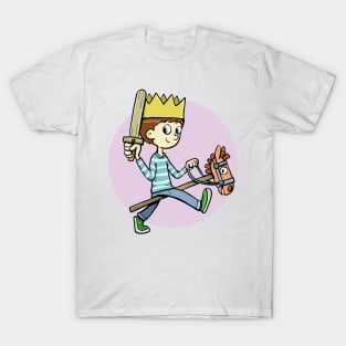 boy plays knight king and rides a horse on a stick T-Shirt